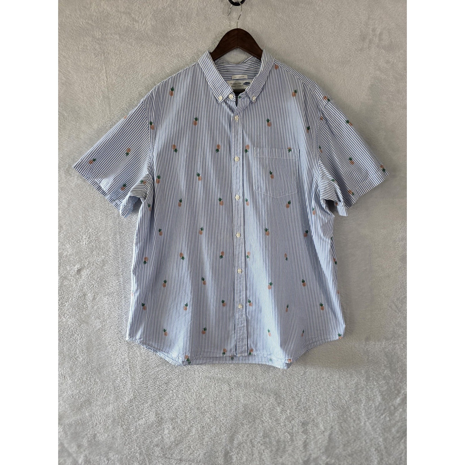 Euc Old Navy Shirt Mens Xxl Blue White Stripes Pineapple Camp Preppy Vacation